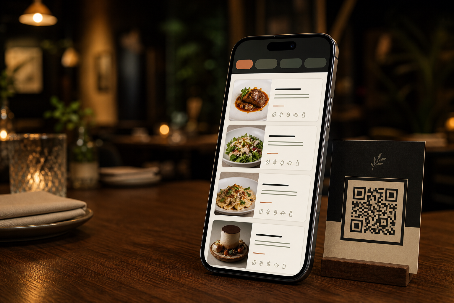 Mobile WWB Menu Pro interface and tabletop QR experience